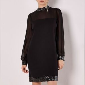 Cato Elegant Sequin Trim Sheer Sleeve Dress